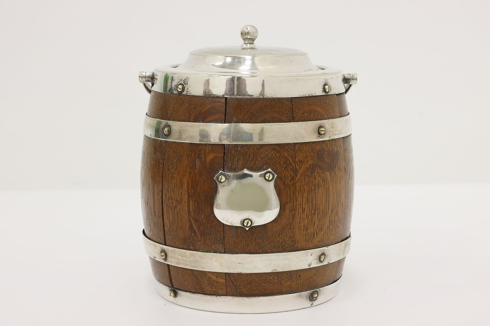 Victorian Antique Silverplate & Oak Biscuit or Cookie Jar #56394