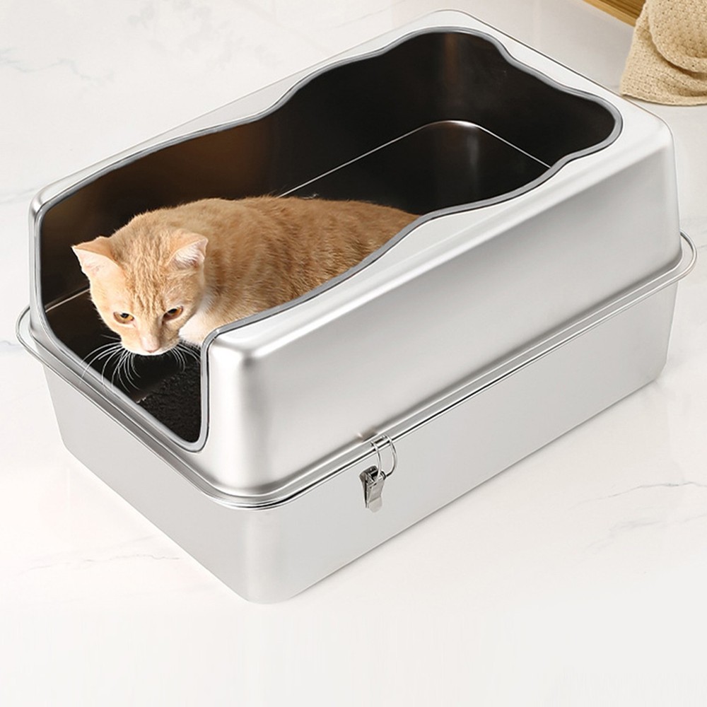 Extra Large Top Exit Metal Cat Pan with Lid High Sided for Big Cats Multiple Cat