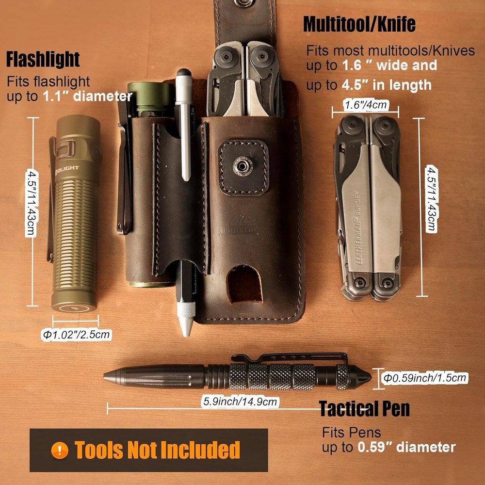 Leather multitool sheath with belt clip and compartments for EDC tools