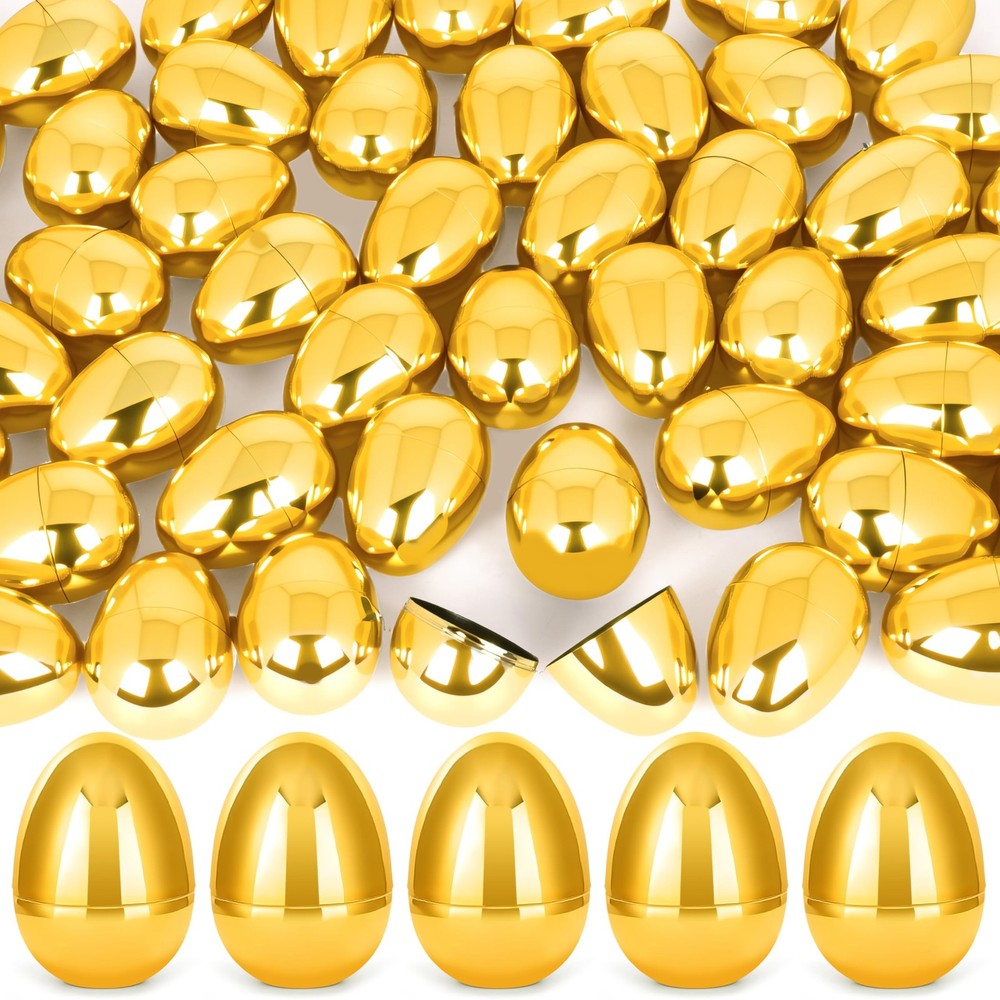 72 Pcs 2.3″ Golden Metallic Easter Eggs, Reusable Shiny Plastic Empty Fillabl...