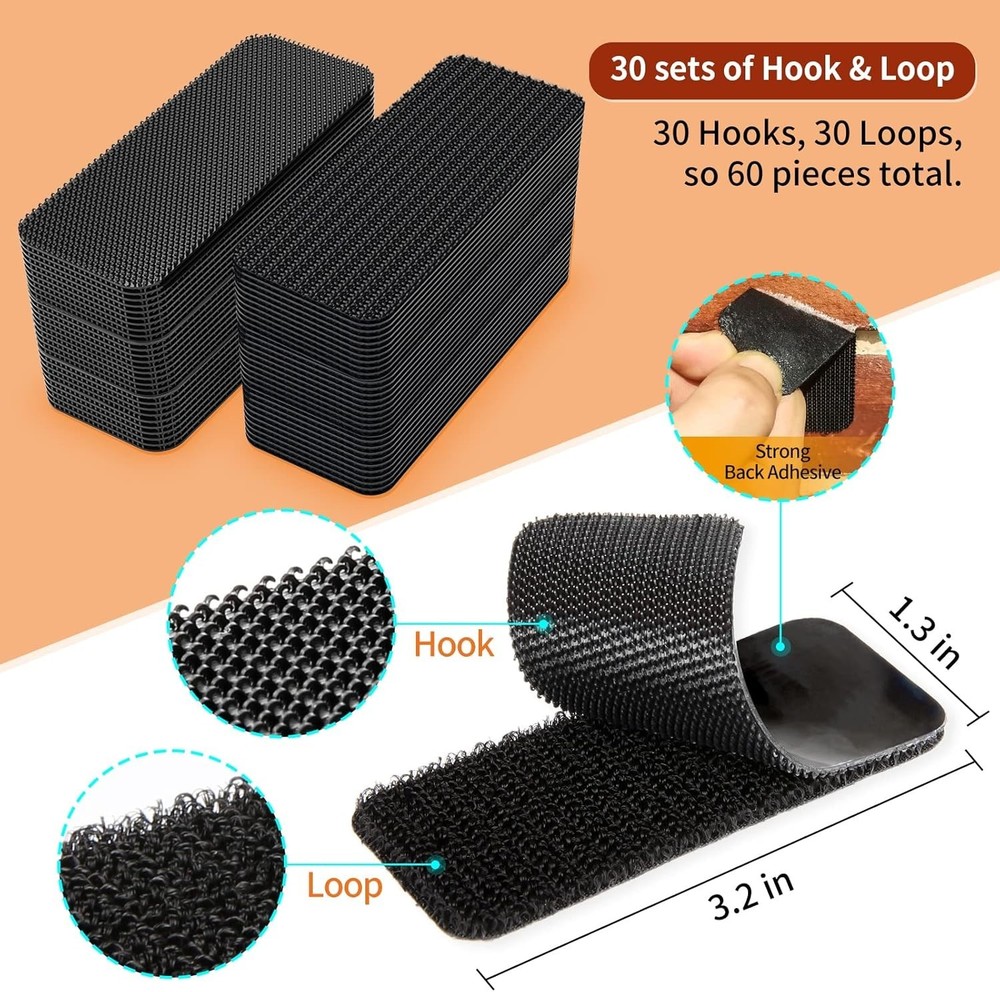 30 Sets Industrial Heavy Duty Hook and Loop Strips with Adhesive, Strong Back Ad