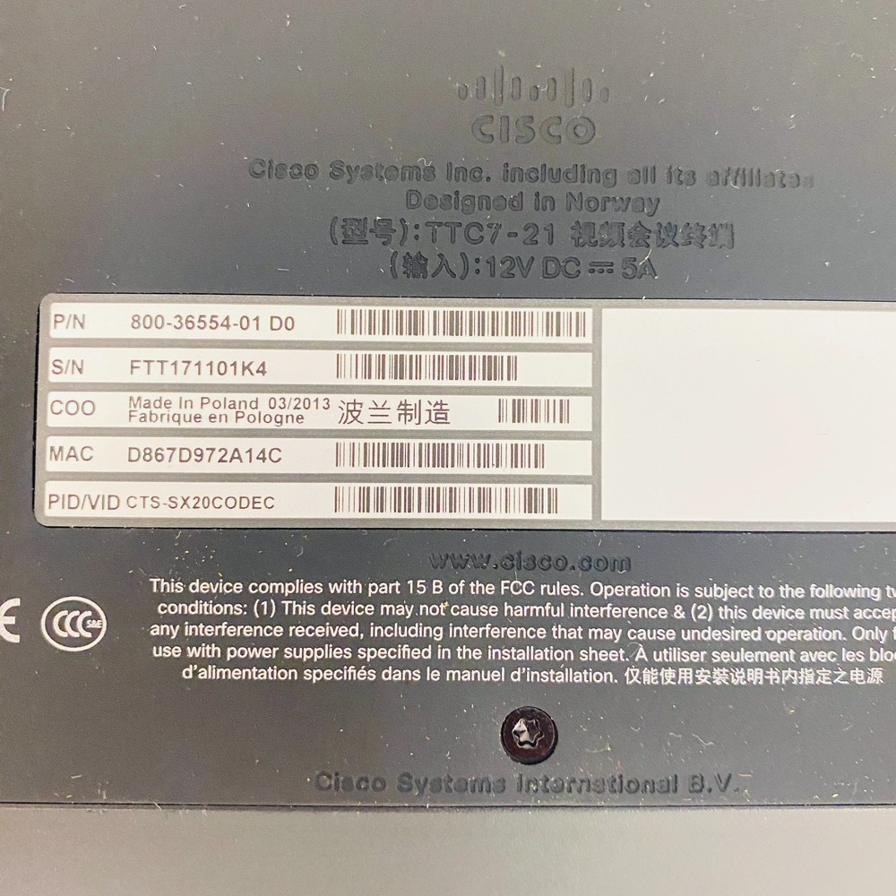 Cisco TelePresence SX20 Video Conferencing Codec Unit CTS-SX20-CODEC TTC7-21