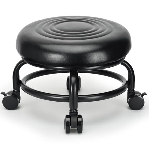 Low Height Rolling Stool Low Roller Stool PU Leather Comfortable Chair, Style 2