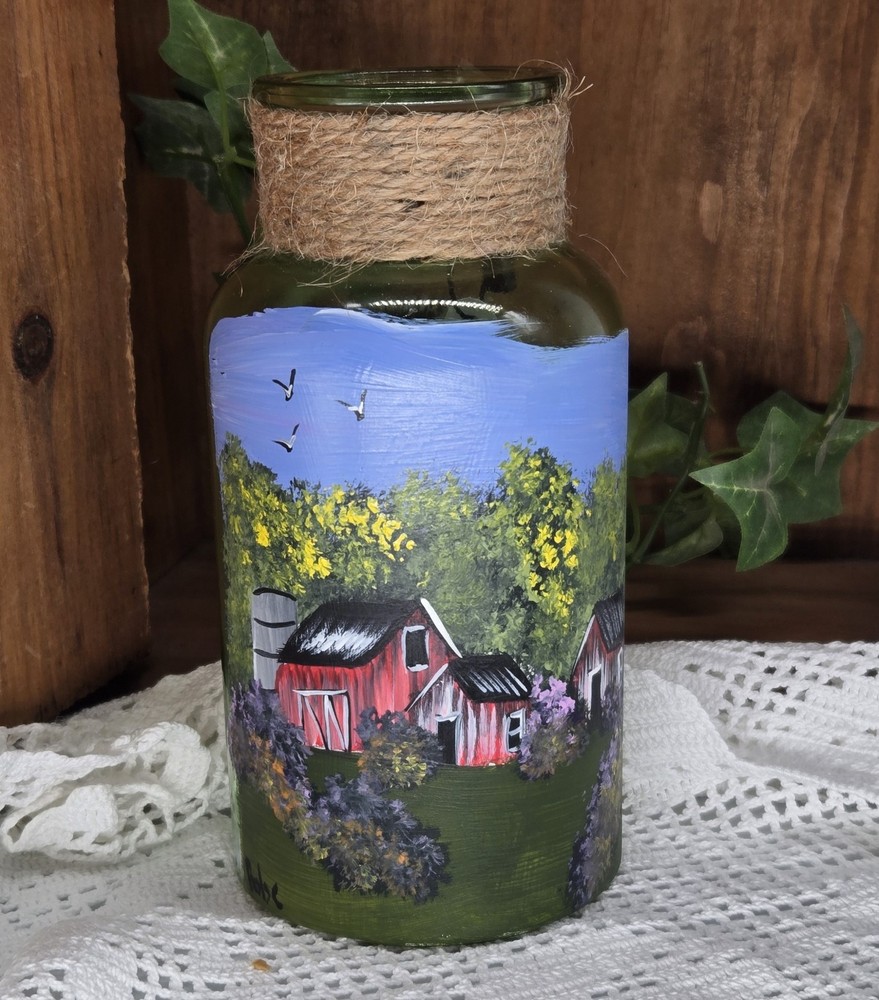 green bottle vase w/ summer barn (25136) hand painted