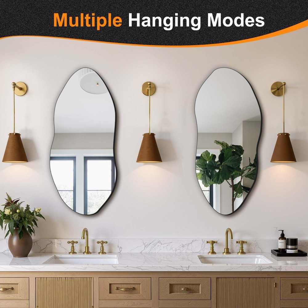 Delma Irregular Wall Mirror,32"x14" Slim Vertical Wavy Design,Frameless Decor...