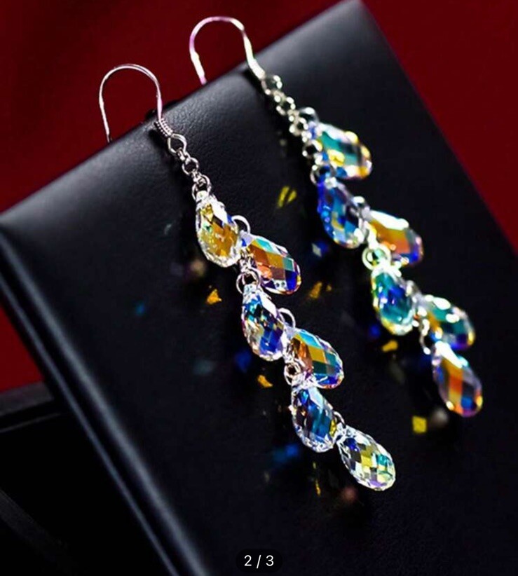 Long Aurora Borealis Earrings Iridescent Dangle Clear Rainbow Crystal Earrings