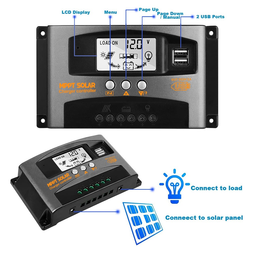 30/60A MPPT Solar Panel Charge Controller 12V/24V LCD Regulator Auto Dual USB