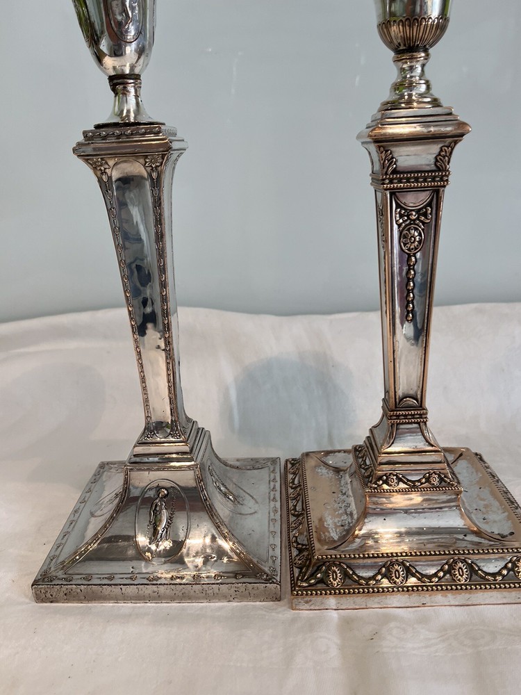 2 Early 19thc Antique Silver Plated Classical Themed Candlesticks