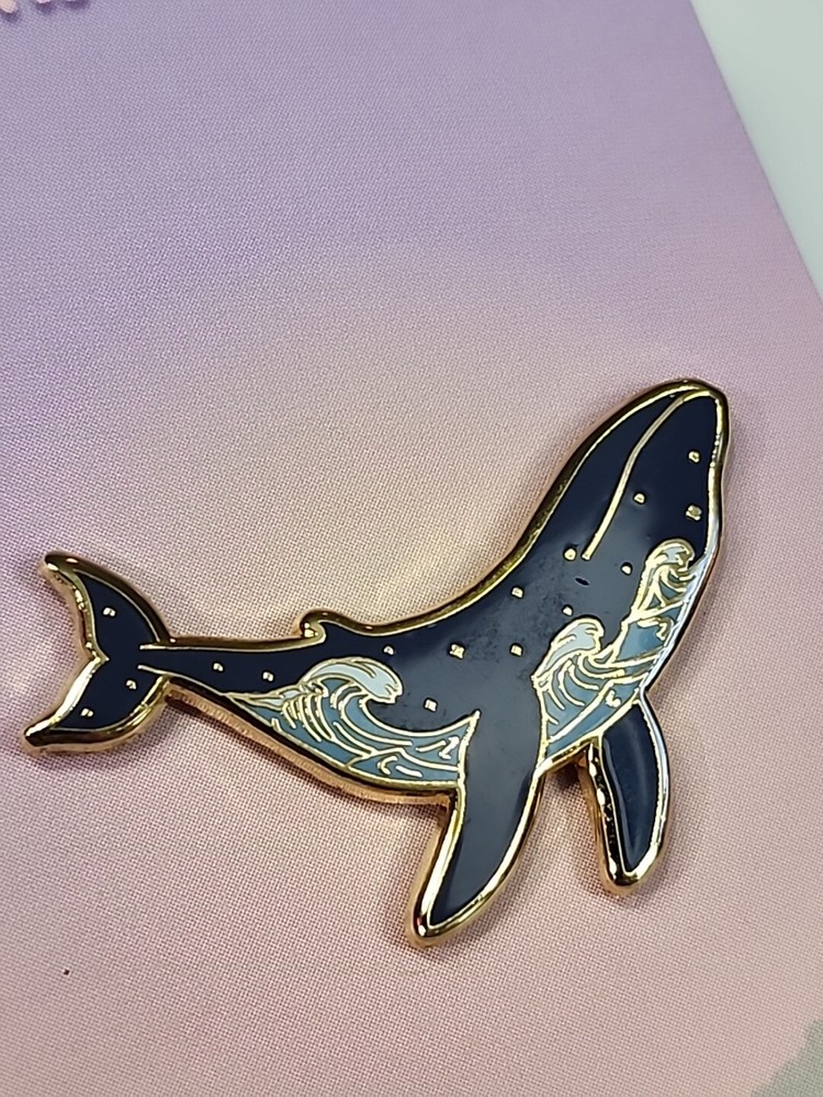 Whale Lapel Pin Night Sky Ocean Waves