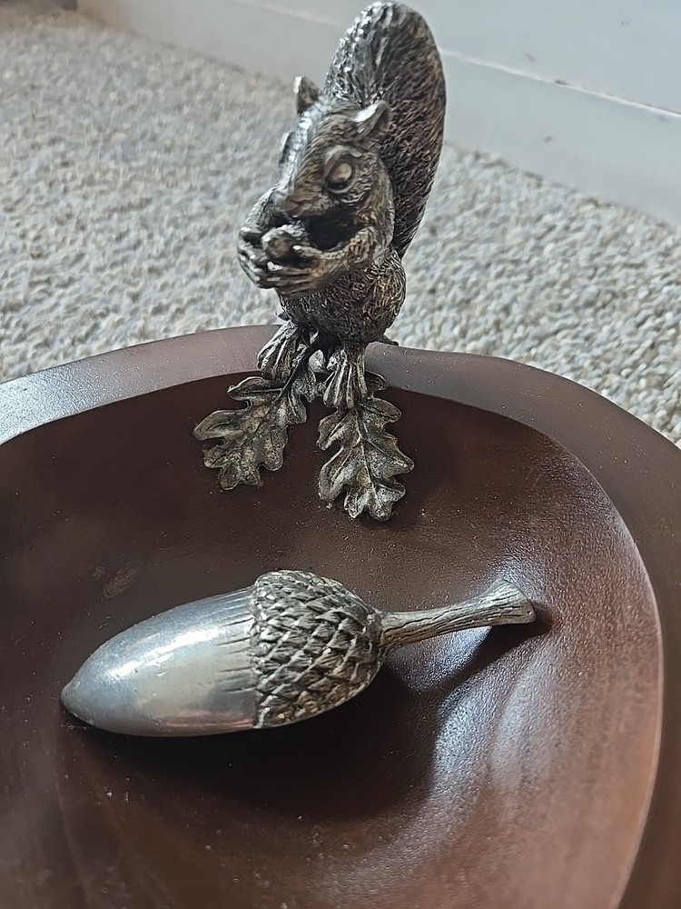 Silver Standing Squirrel Nut Bowl And Acorn Scoop