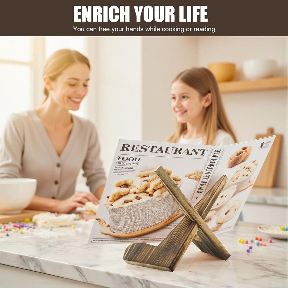 Elegant Pine Wood Cookbook Holder - Adjustable Rustic Stand for Kitchen Counters