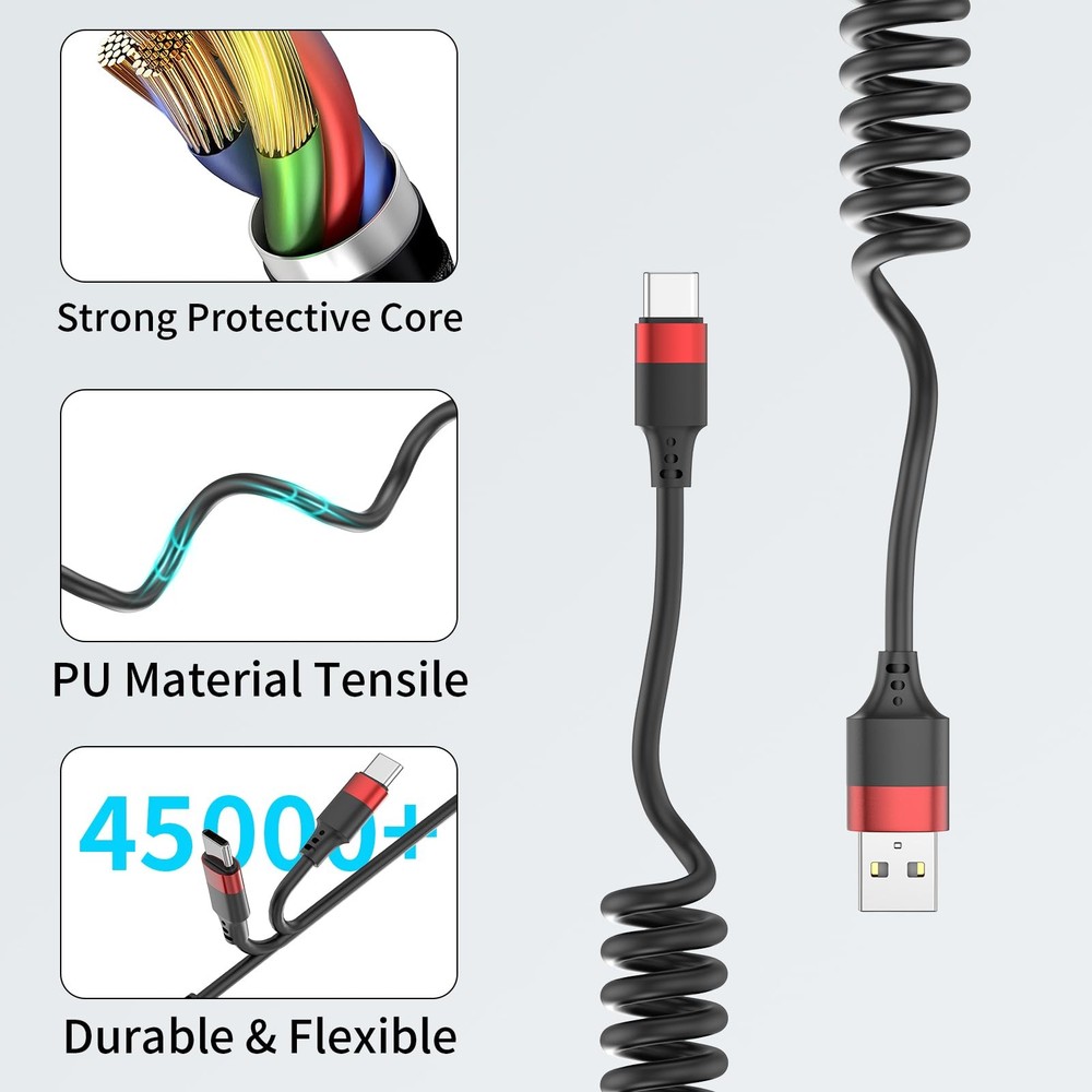Coiled USB C Cable for Car, 2 Pack Type C Fast 3 FT, Black