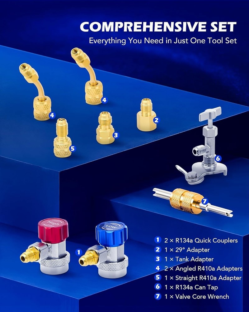 Durable 4 Valve AC Manifold with Color-Coded Hoses & Complete Adapter Kit