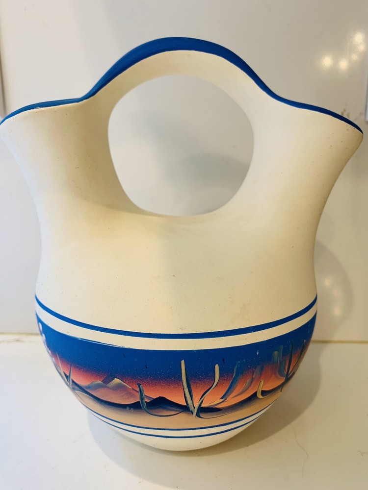 Vase Mid Western Scene Bright Colored Vase Signed 63 Unknown