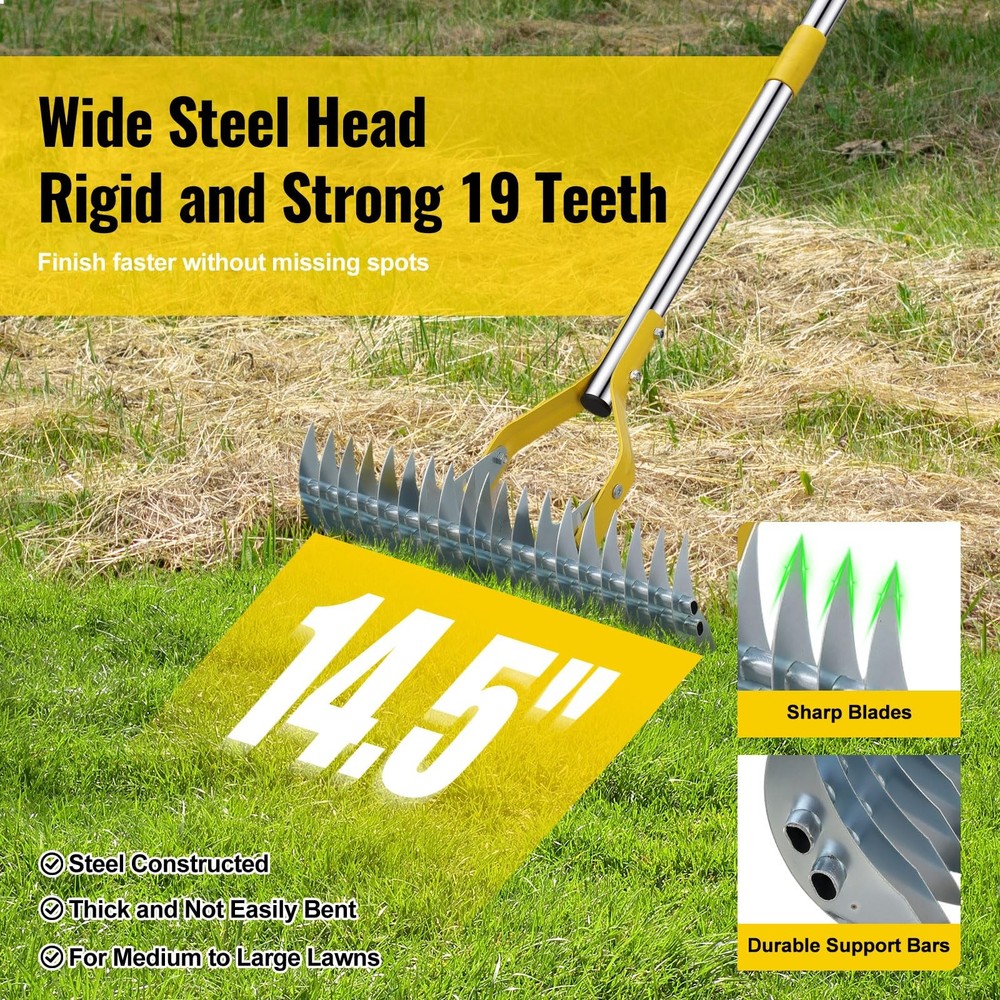 Garden Leaf Rake: Dual Function Thatching Rake for Lawn Dead Grass Silver