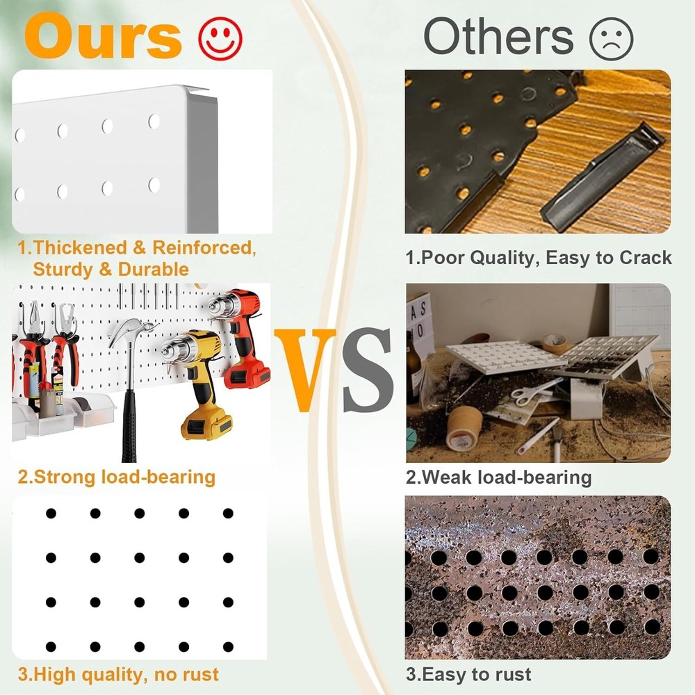 4PCS Heavy-Duty Metal Pegboard Wall Organizer - Rust-Resistant, White, 12"