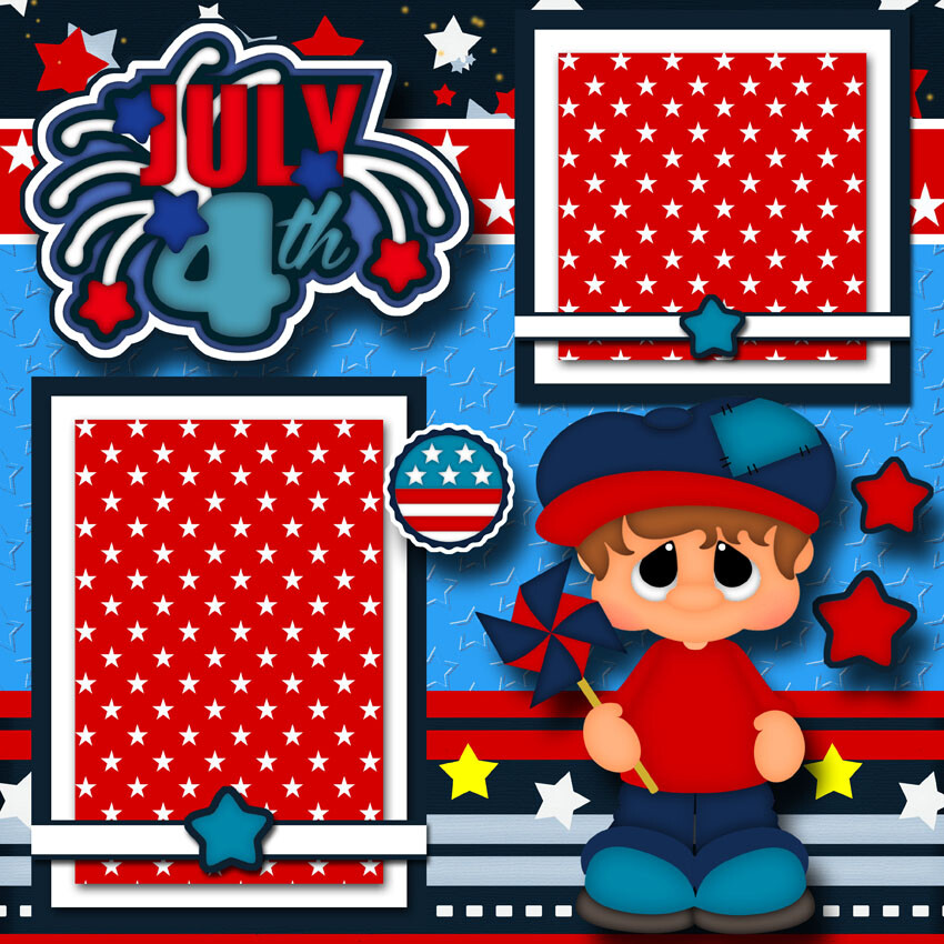 JULY 4TH ~ BOY~ 2 premade scrapbook pages paper piecing CHERRY prints #0068