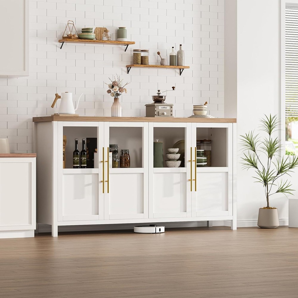 Sideboard Buffet Cabinet with Glass Doors, Large Modern Buffet Table Storage