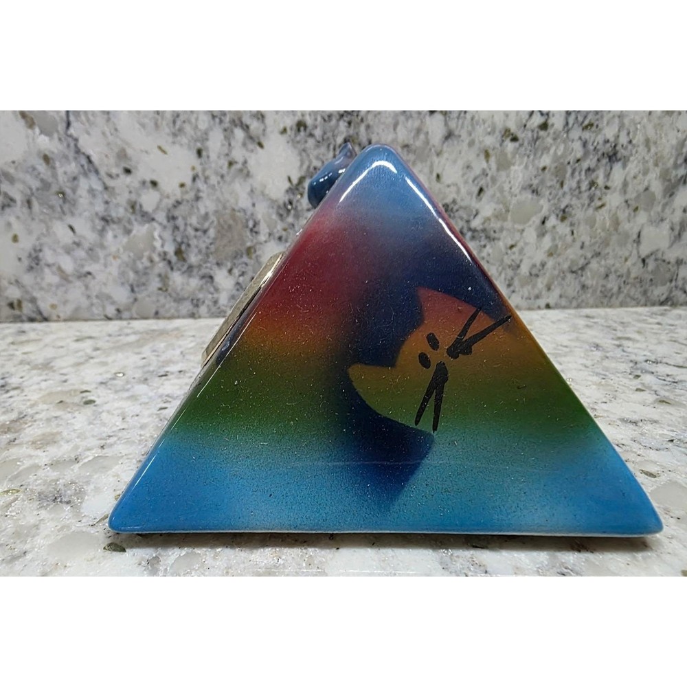 Signed D. Stiles Ceramic Cat Quartz Clock Pyramid Colorful Unique Decor