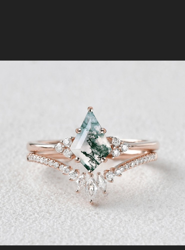Natural Moss Agate KIte Shape Ring Sterling Silver |Unique Boho Engagement Glft.