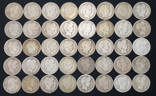 Full Roll 40 Coins. Barber Head Silver Quarters. Average Circulated.