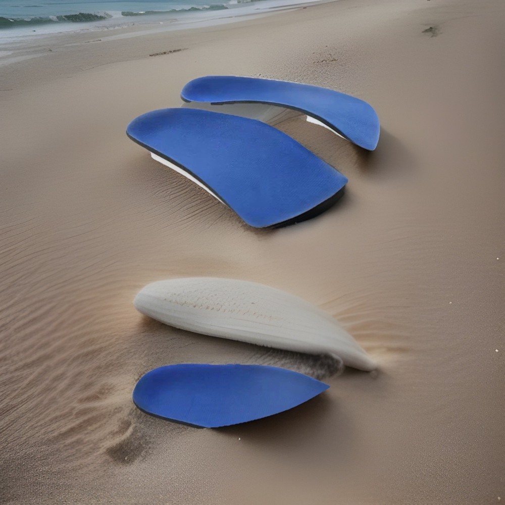 Pre-molded orthotics, blue neoprene = spenco/semi flexible EVA bottom .