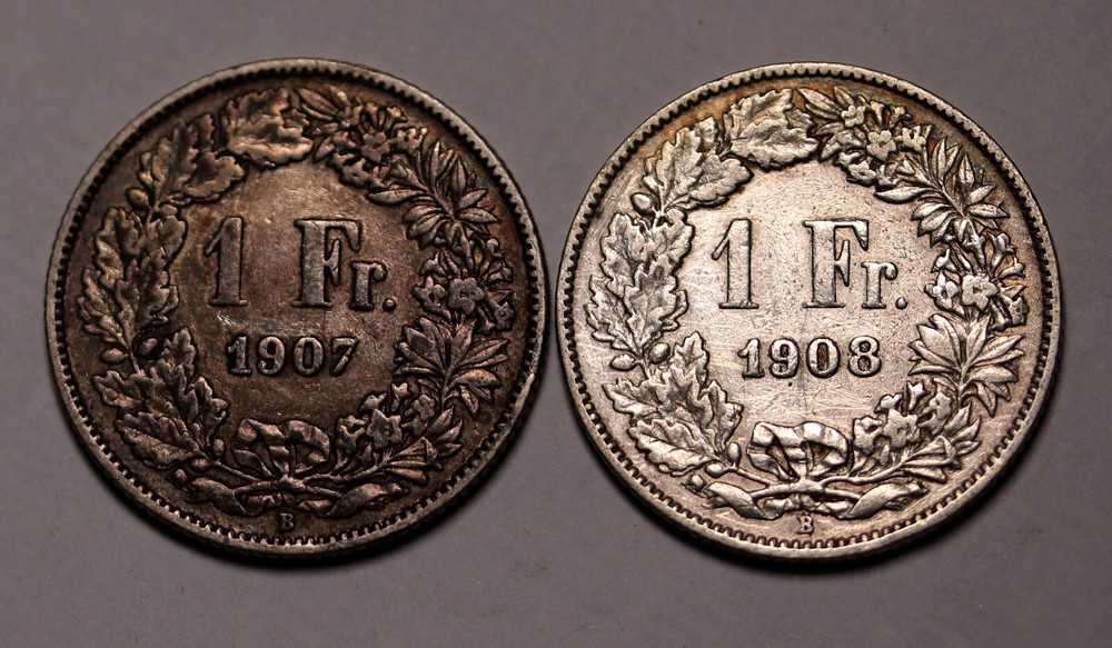 Switzerland 1 Franc 1907 & 1908; 2  Silver Coins KM# 24