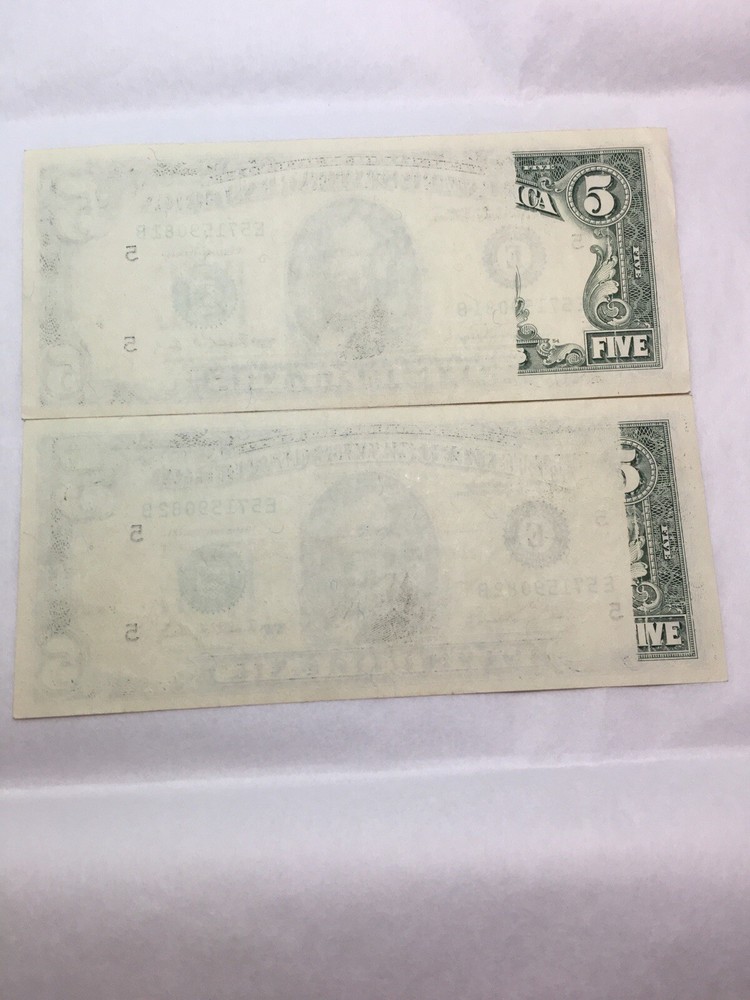 2 Consecutive 1988A $5 FRN's - Both w/ Major Obstructed Printing Error Reverse