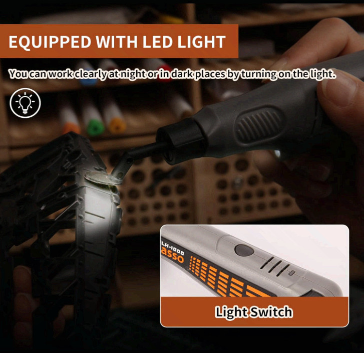 Cordless pen sander, variable speed, USB charge, LED, multi-purpose tool