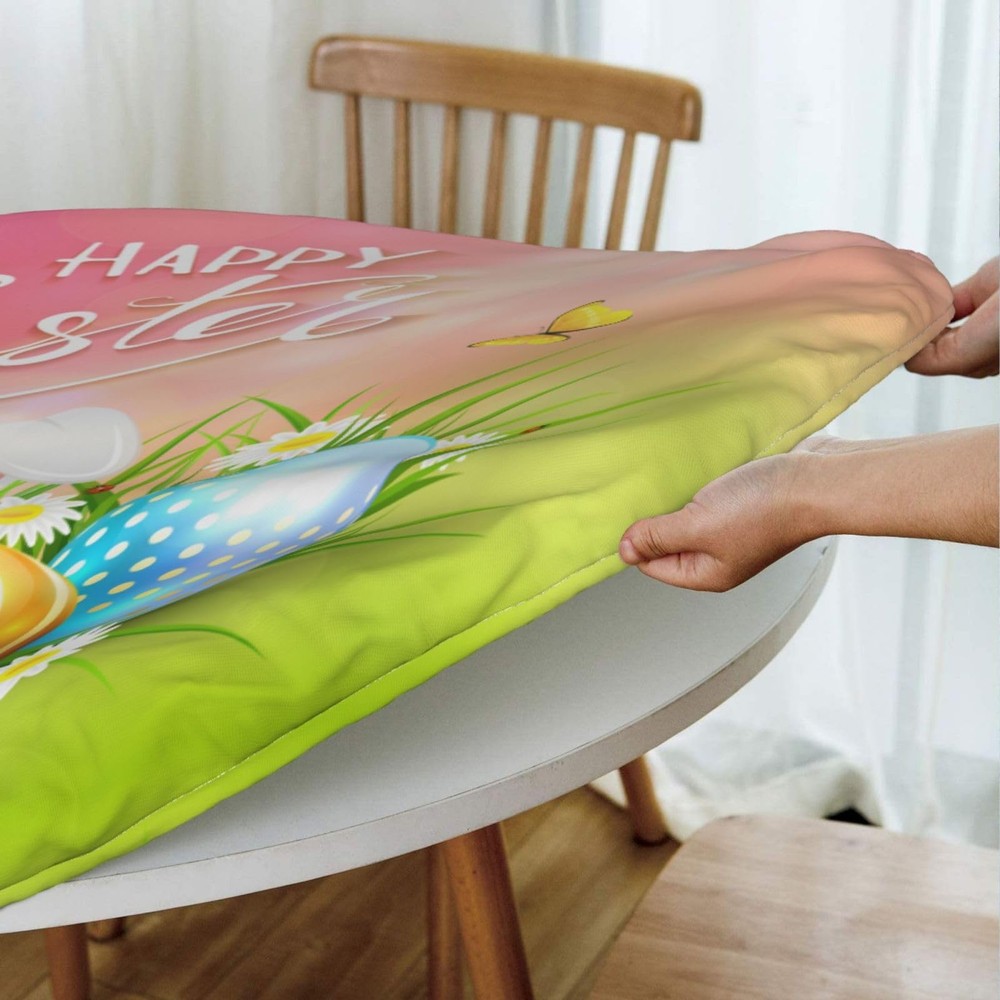 Easter Round Tablecloth with Elastic Edge, Easter Rabbit Egg Fitted Tableclot...