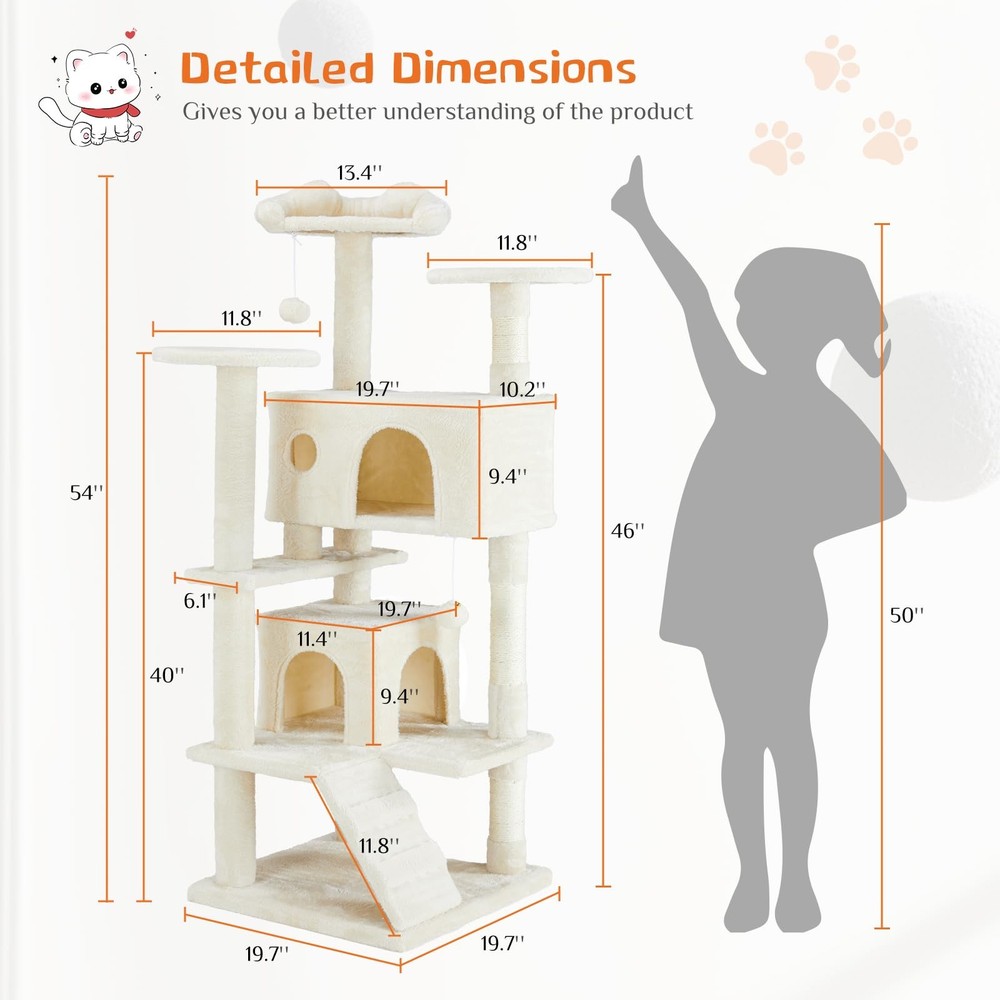 Cat Tree Tower for Indoor Cats 54 Inches Multi-Level Activity Cat Tree Beige
