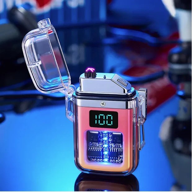 1X Transparent shell waterproof rechargeable pulse lighter with digital display