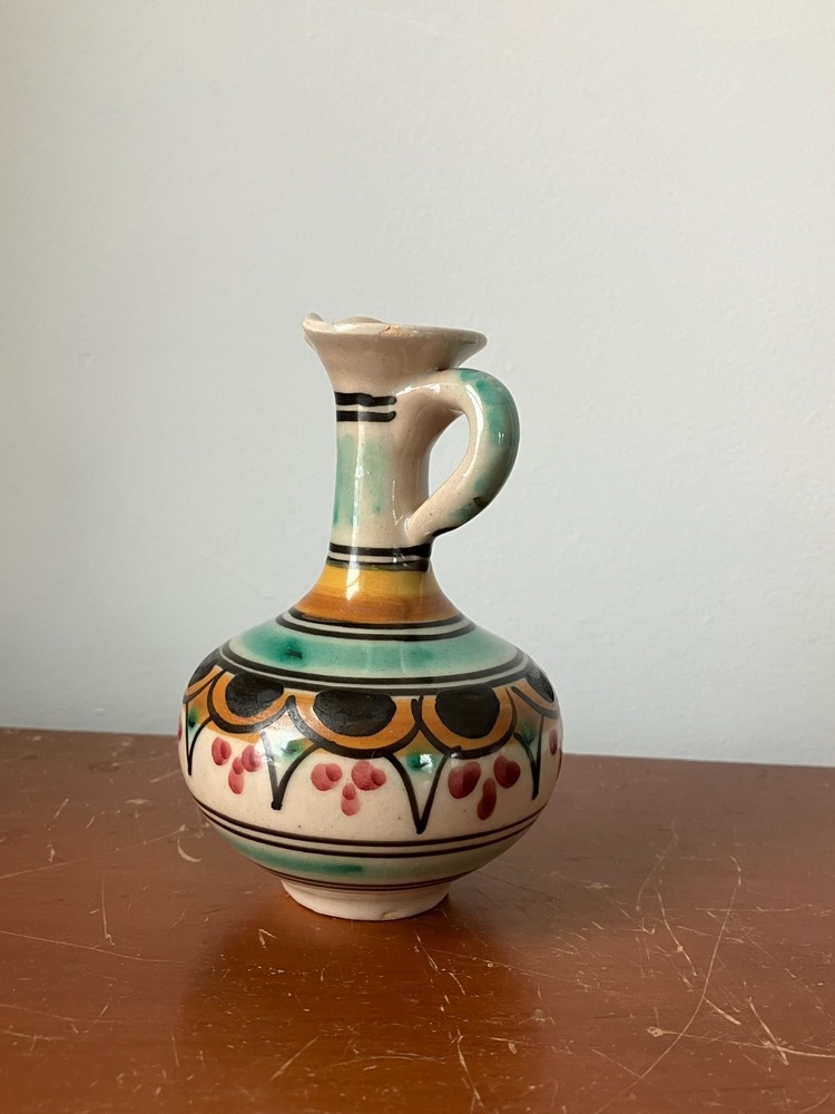handmade handpainted small ceramic multicolor bud vase pitcher shaped
