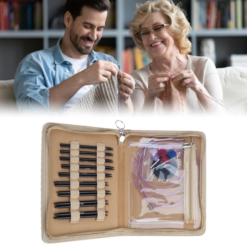Circular Knitting Needle Set with Knitting Accessories, Zippered Leather Case