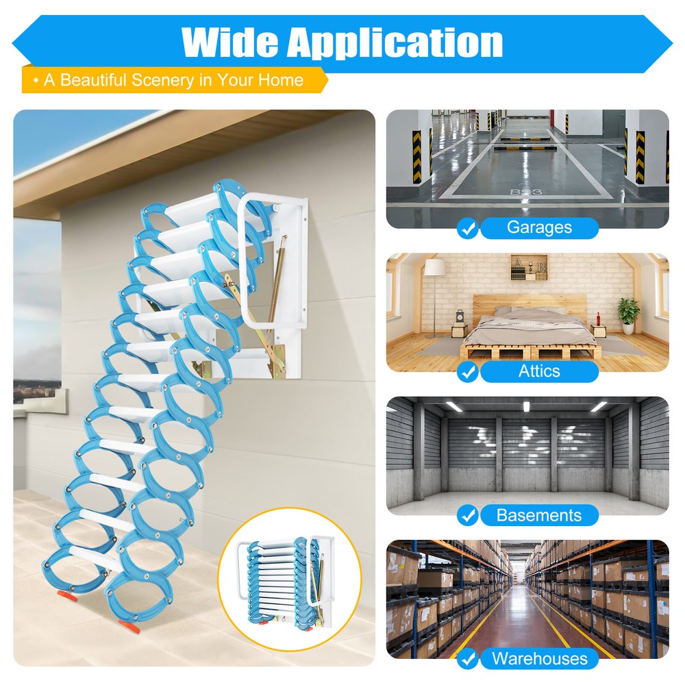 Wall-mounted Retractable Stairs For Attic Blue 12 Steps Pulldown Attic Stairs