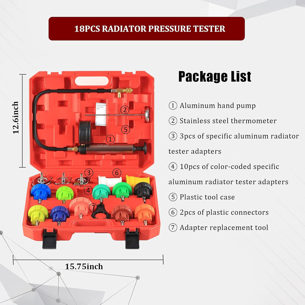 18Pcs Radiator Pump Pressure Leak Tester Detector Coolant System Test Tool Kit
