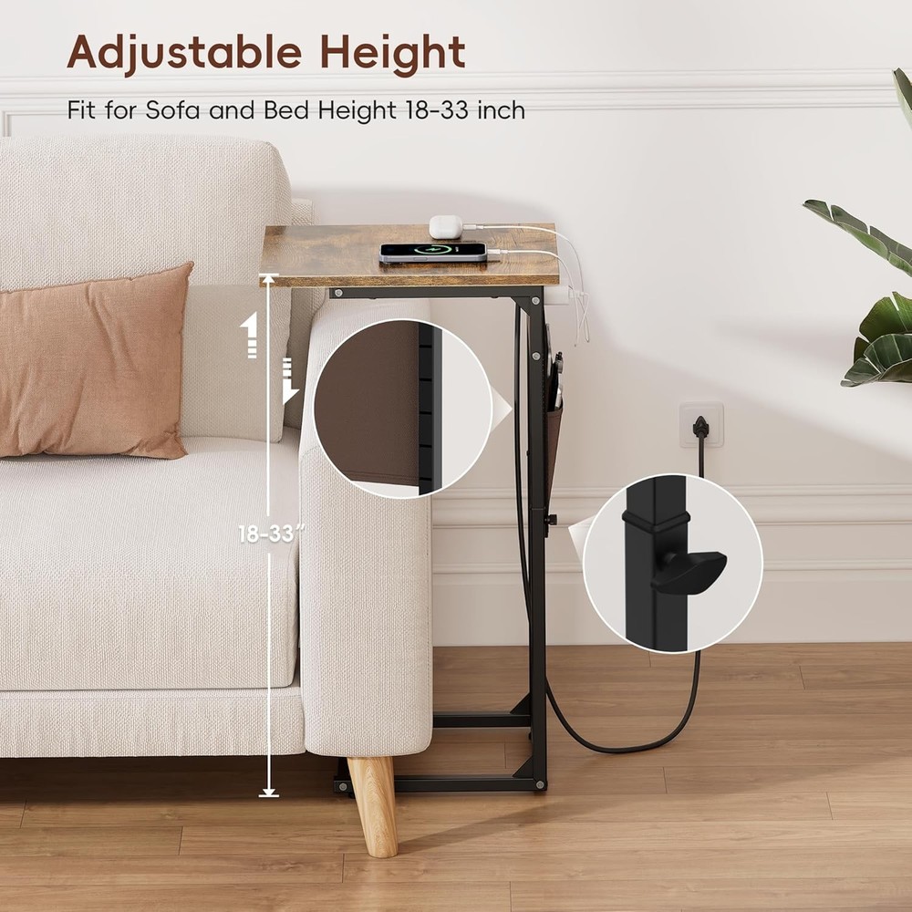 Vagusicc C Shaped End Table with Charging Station, Adjustable Rustic Brown