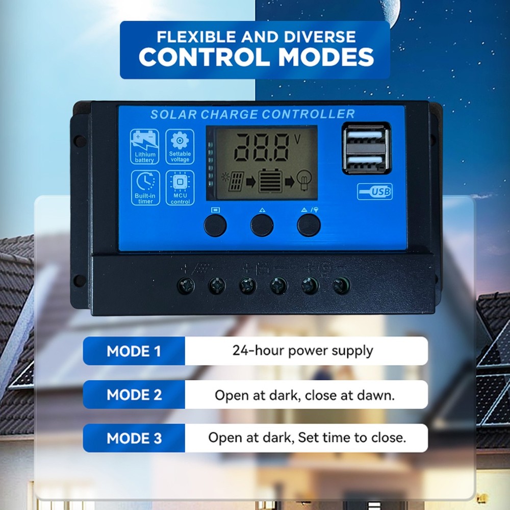 30A Solar Panel Battery Charge Controller 12V/24V LCD Regulator Auto Dual USB US