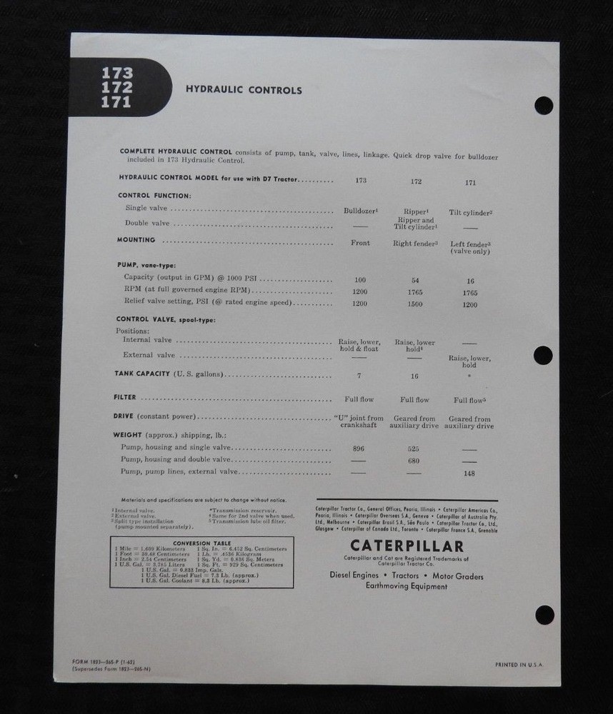 GENUINE 1961 CATERPILLAR D7 TRACTOR "HYDRAULIC CONTROLS" SPECIFICATIONS BROCHURE