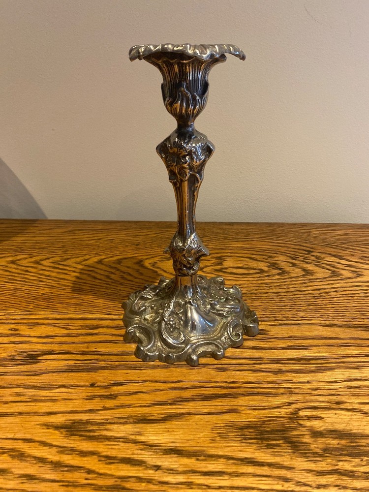 ANTIQUE LARGE SILVER PLATED ROCOCO STYLE CANDLESTICK