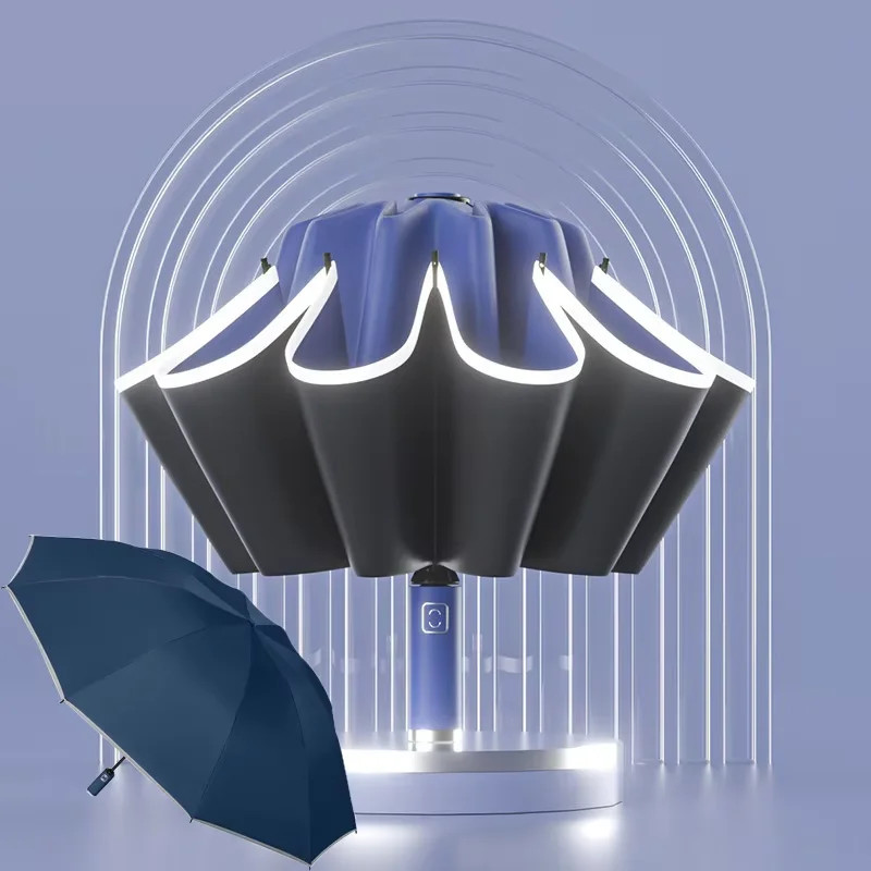 Windproof umbrella sturdy and durable with reflective strips automatic folding U