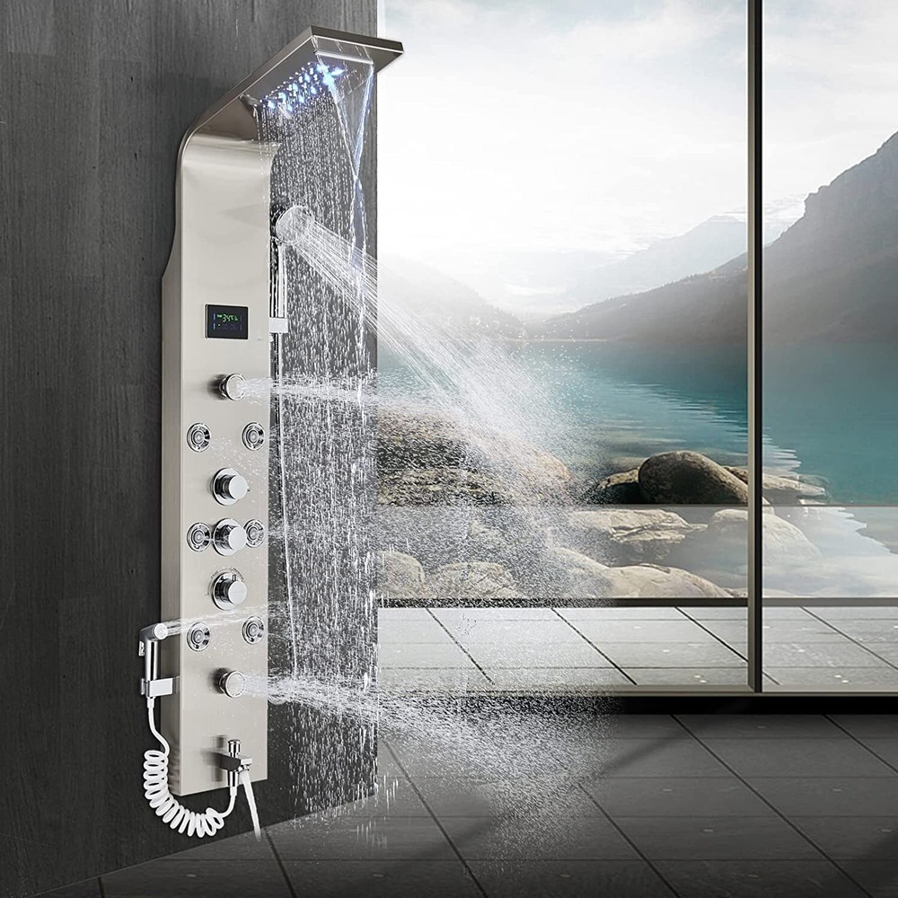 LED Shower Panel Tower System with Rain/Waterfall Massage Jets Tub Hand Shower