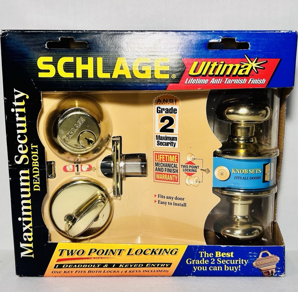 Schlage Maximum Security Deadbolt(ANSI Grade 2), Two Point Locking, Bright Brass