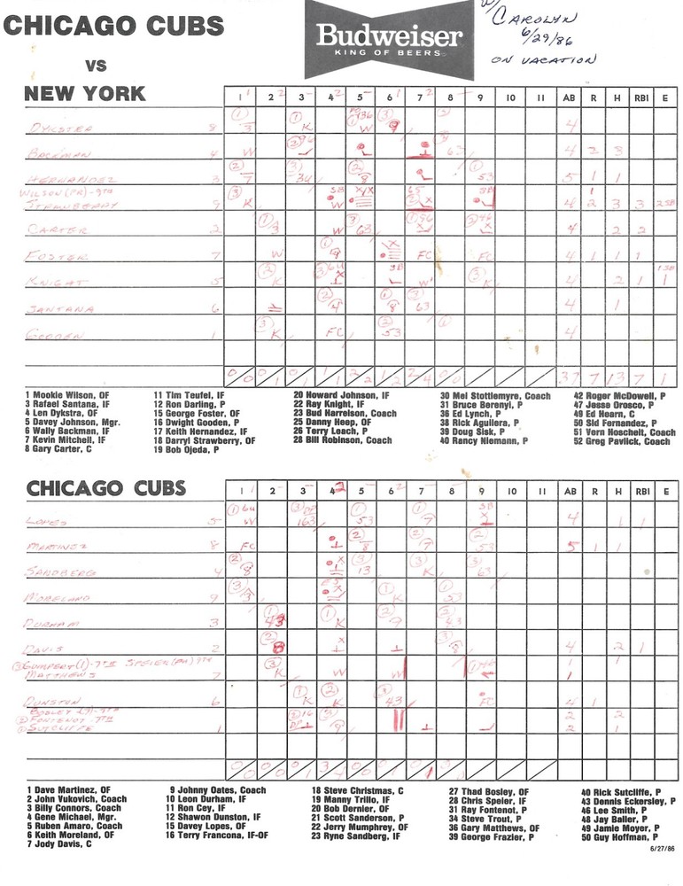 1986 Chicago Cubs Program - Versus Mets - Scored