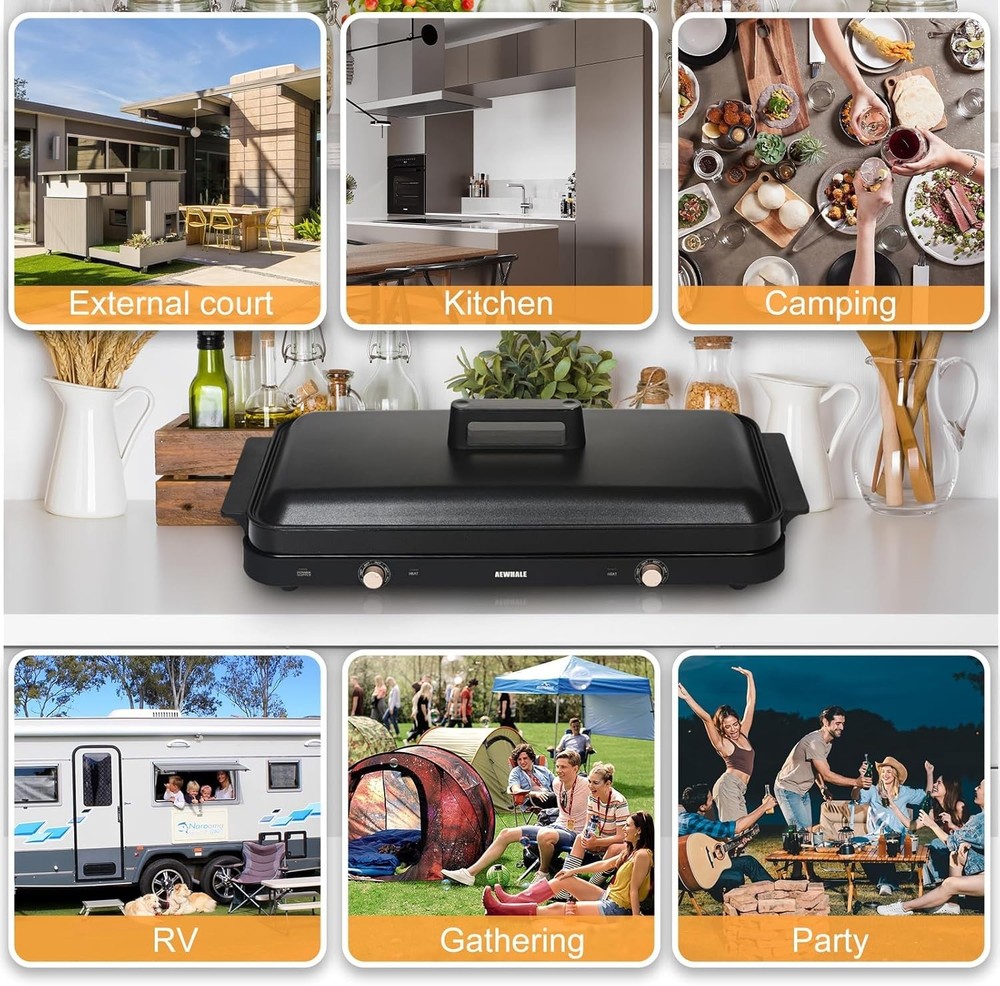Portable Double Electric Burner W/ Removable Cast Aluminium Griddle Pan