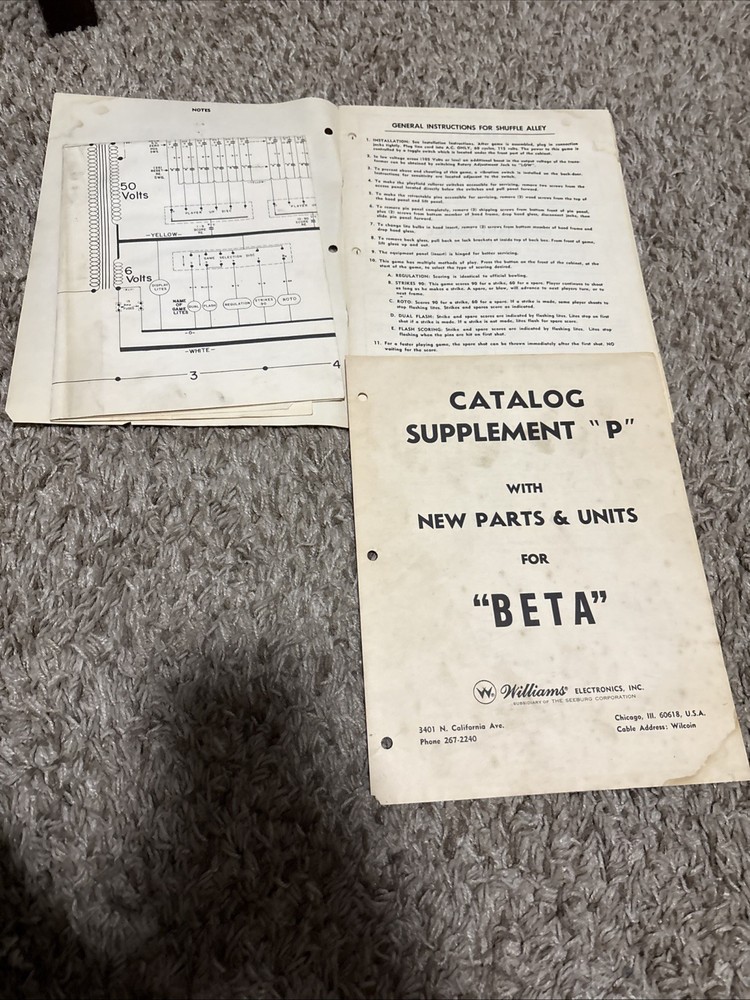 1960 Williams Electronics “Beta” Pinball Instruction Manual