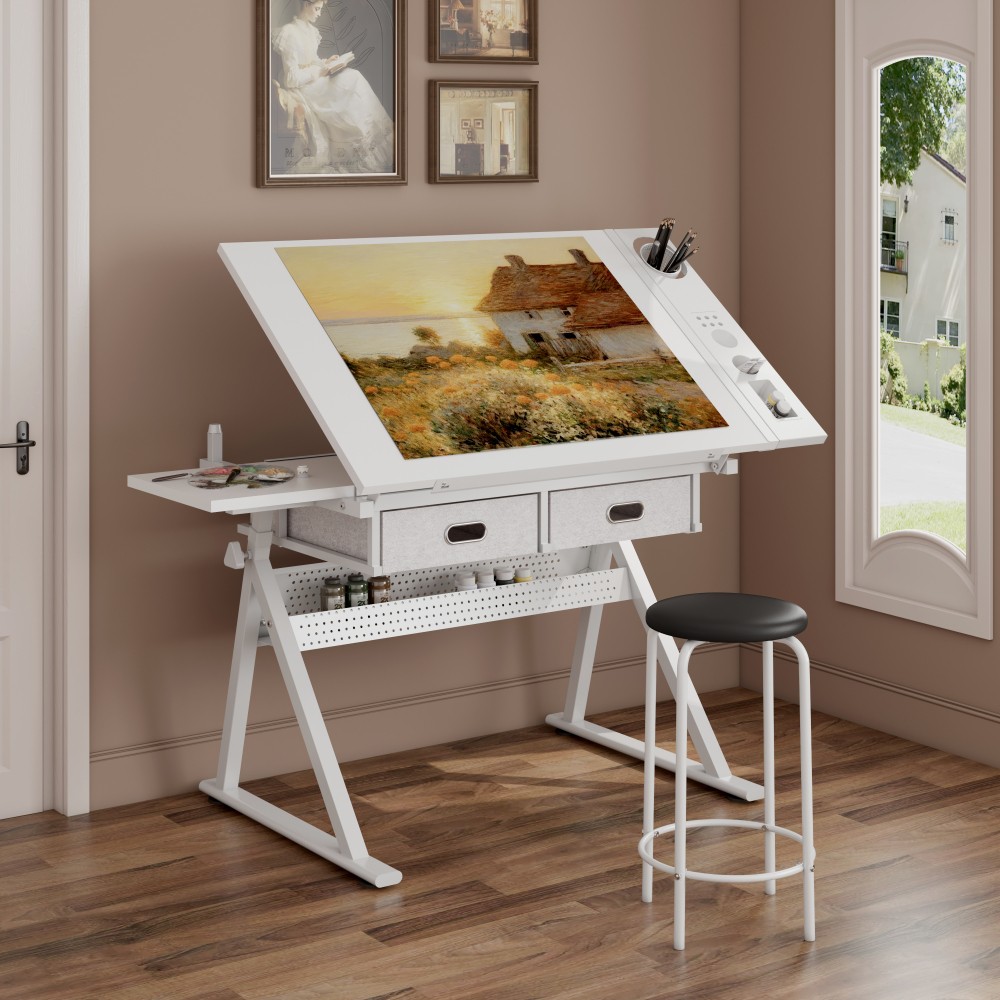 Adjustable Drafting Table with 2 Drawers & Stool for Home Office School