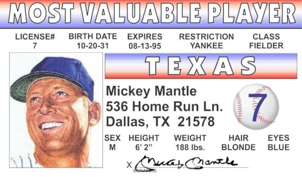Mickey Mantle Drivers License 3.4” X 2.2” Laminated ID Card.