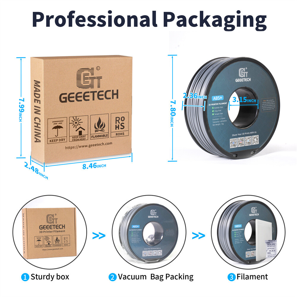 Geeetech 3D Printer ABS+ Filament 1.75mm 1KG/2.2lbs Spool Silver Consumables US