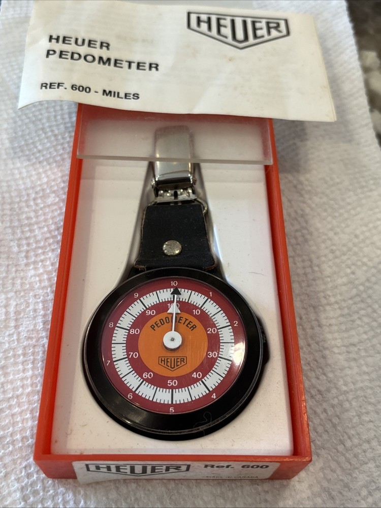 VINTAGE HEUER PEDOMETER REF. 600 MILES ORIGINAL BOX & INSTRUCTIONS